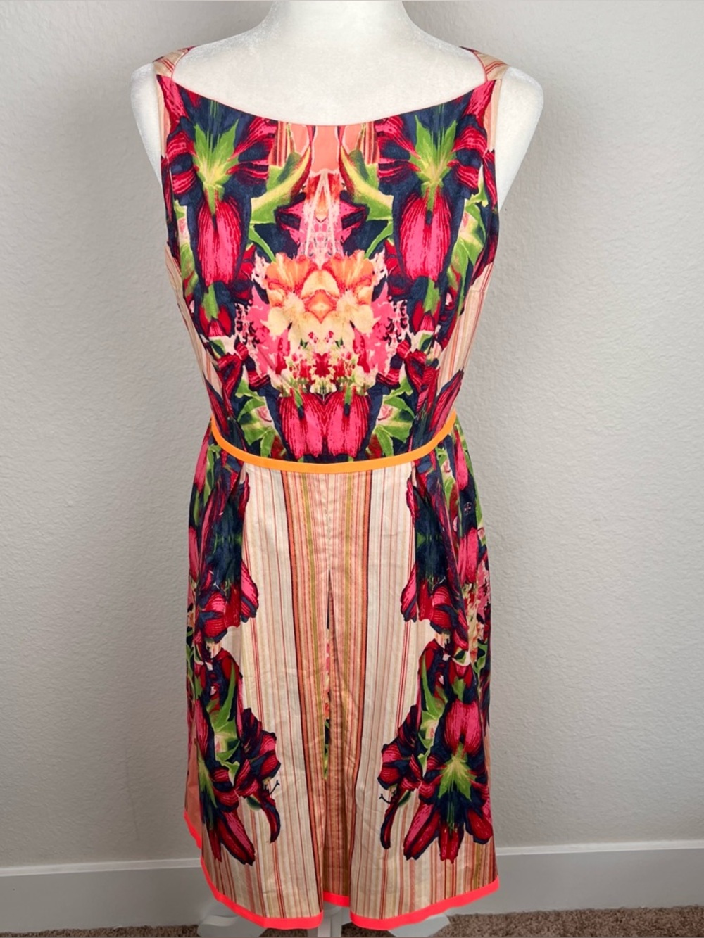 Tahari Bright Floral Fit-&-Flare Dress with Neon Ribbon Trim